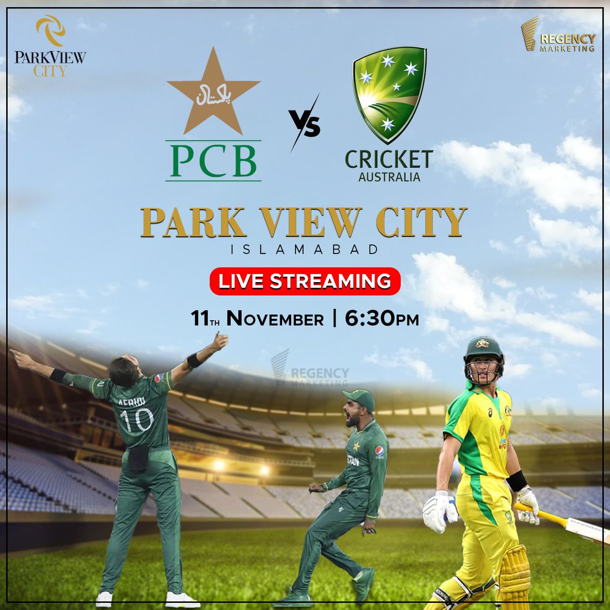 RegencyPvt's tweet photo. First Semi-Final Match of Pakistan is here! Being a true cricket fan, @ParkViewCityIsl is arranging another live streaming of the super hyped match between Team Pakistan and Australia. Straight from 6:30 pm onwards.
#teamregency  #regencymarketing #pakvsaus #parkviewcity https://t.co/ZorTDyZSZO