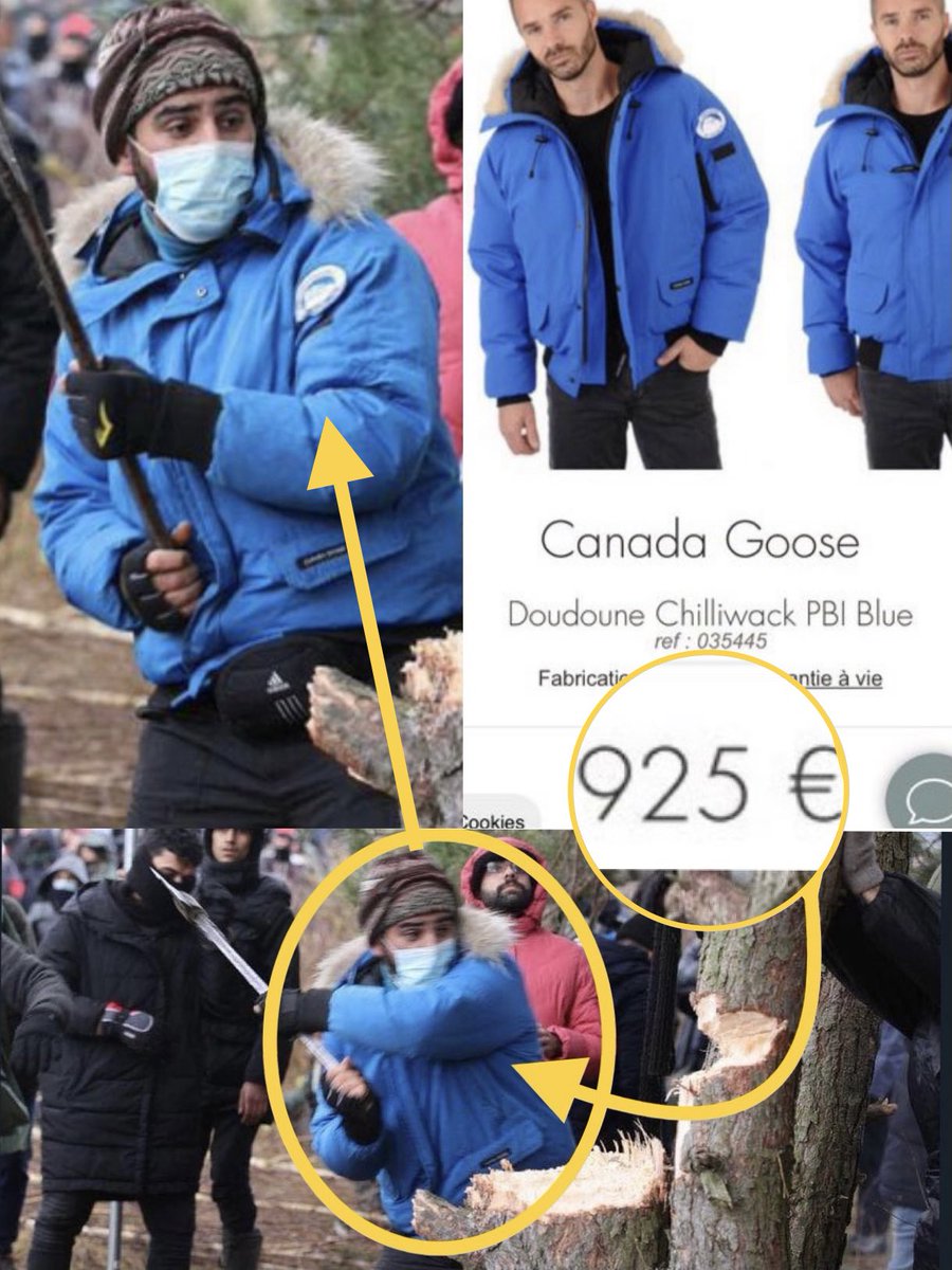 FDW_VB's tweet photo. Het luxe-parade-uniform van de immigrant-kolonist aan de Poolse grens: Canada-Goose-jas aan 925€ en #Everlast-gevechthandschoenen aan 34€. Die arme asielzoekers toch… #MuremZaPolskimMundurem #Polska #IstandWithPoland https://t.co/mf3I5O58lV