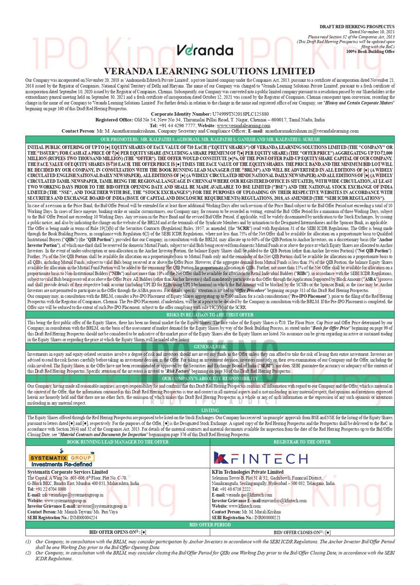 ipo_in's tweet photo. 🚨BREAKING News🚨
Veranda Learning Solutions Limited file DRHP with SEBI
FV : ₹10
Fresh : ₹200 Cr
Retail : 10%
They may consider pre-IPO King of ₹50 Cr reduced from fresh
#IPO #IPOKing #IPOTracker #VerandaLearningIPO https://t.co/VaPMzxGK0O