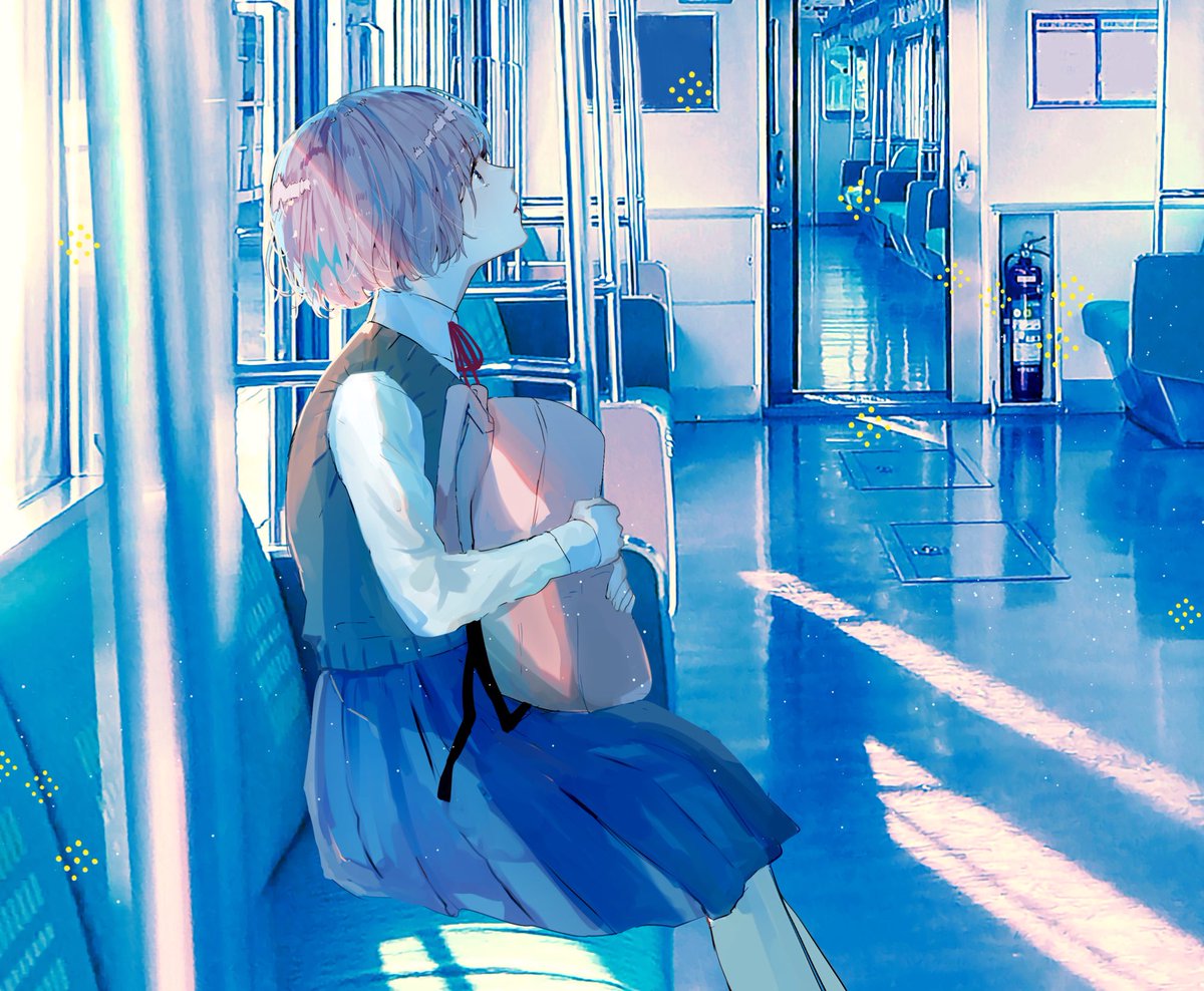 1girl solo bag skirt short hair sitting school uniform  illustration images