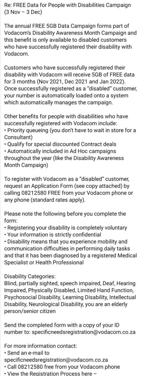 Create_CBR's tweet photo. Good News... 
FREE data for people with disabilities!!!

If you are a person living with disabilities using the Vodacom network and haven't registered, follow the instructions on the attached picture 😁

#CREATECBR #Vodacom #free #disabilityinclusion #disabilityawareness https://t.co/41mZ2SzJfe