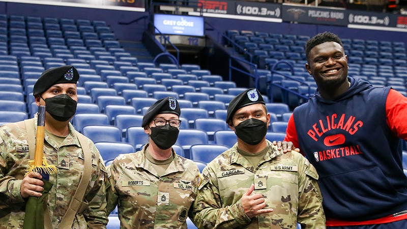 PelicansNBA's tweet photo. A #HoopsForTroops jersey swap 🏀

@ZionWilliamson | #VeteransDay https://t.co/dunsOjKlrB