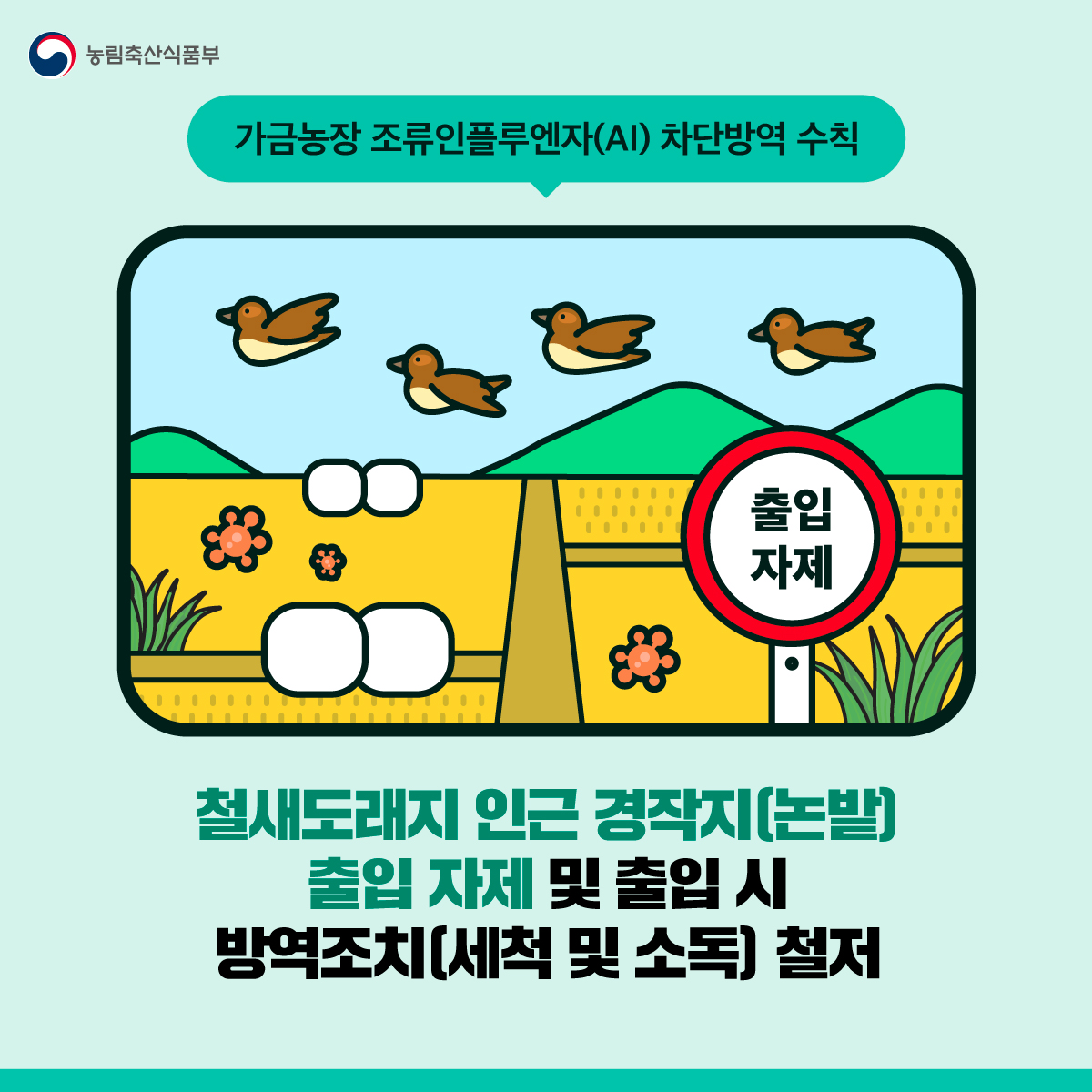 #AI #조류인플루엔자

가금농장 조류인플루엔자 차단방역 수칙

✔️ 철새도래지 인근 경작지(논밭) 출입자제🚫,
 출입 시 방역조치(세척 및 소독) 철저히 하기!