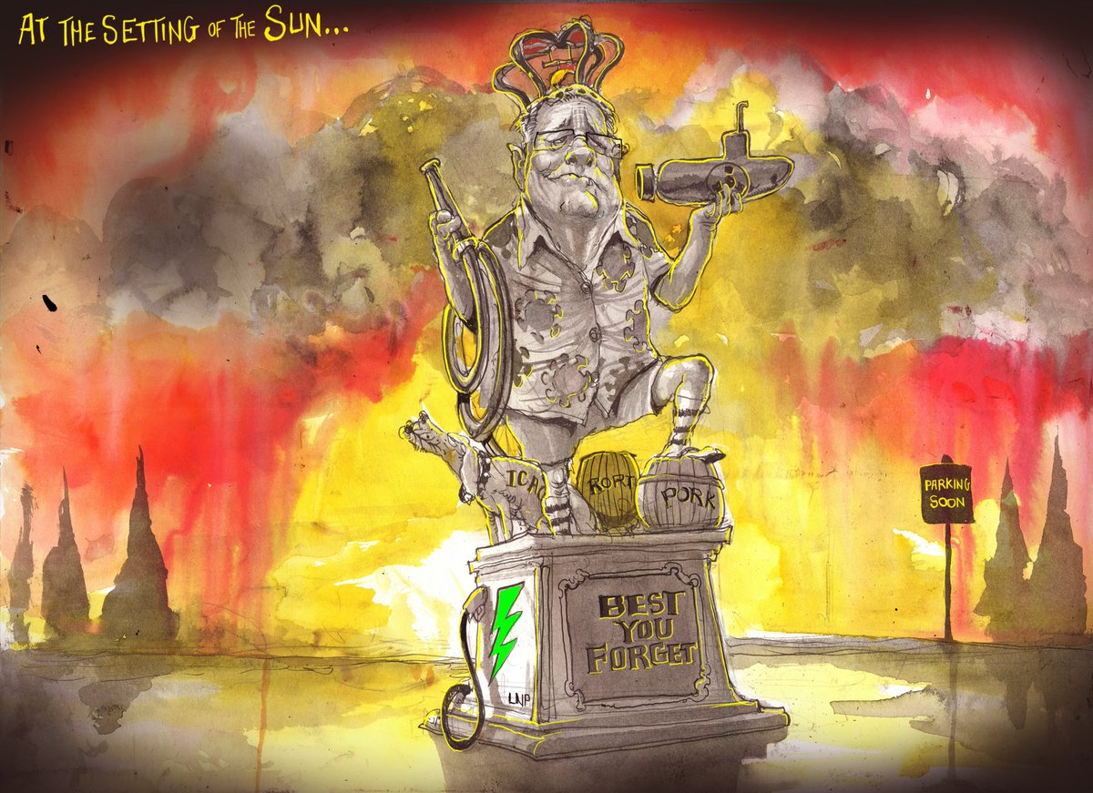 Remembrance Day statue in honour of the Unknown Prime Minister complete with jerry cans, pork barrels, grovelling watch dogs and even he is even holding a HOSE