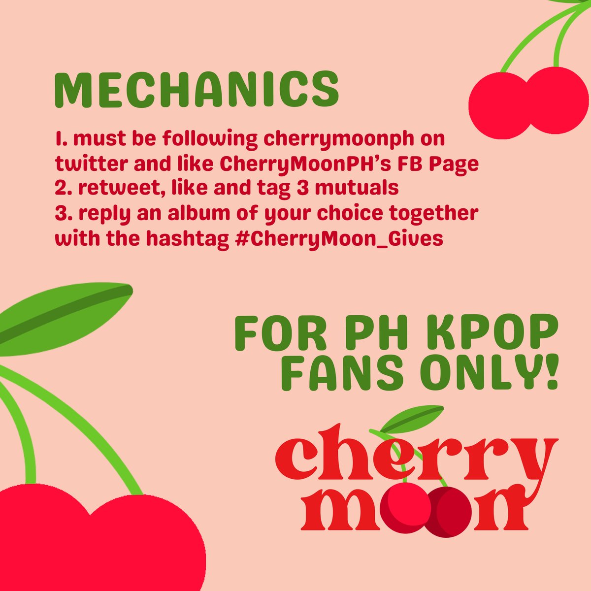 cherrymoonph's tweet photo. Cherry Moon PH GIVEAWAY open to all fandom🎁

― Get a chance to win sealed and unsealed KPOP Album of Your Choice! Just follow our easy mechanics to join. 

Don't forget to follow @cherrymoonph on twt and like our official facebook page @wearecherrymoon 

Good luck!✨ https://t.co/g962wtJdVF