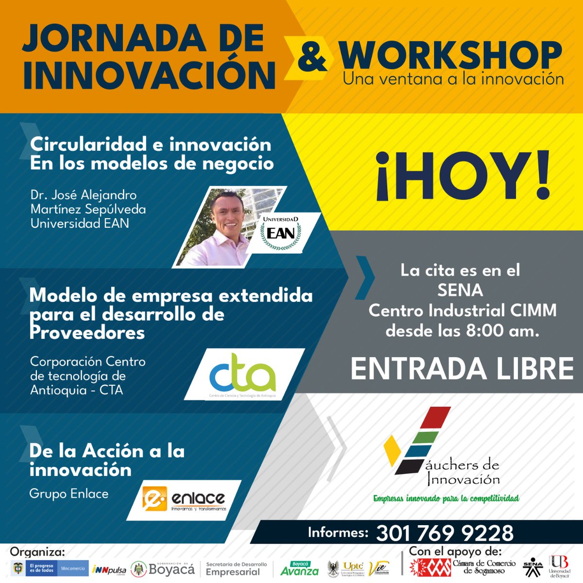 IGinnoa's tweet photo. #HOY | Acompáñanos en Sogamoso a la Jornada de Innovación y Workshop, allí tendrás la oportunidad de conocer los resultados de las empresas que participaron en el programa Váucher de Innovación.
Y disfruta las charlas que tenemos para ti.
Te esperamos, SENA a las 8:00 am https://t.co/dIe4NudWBB