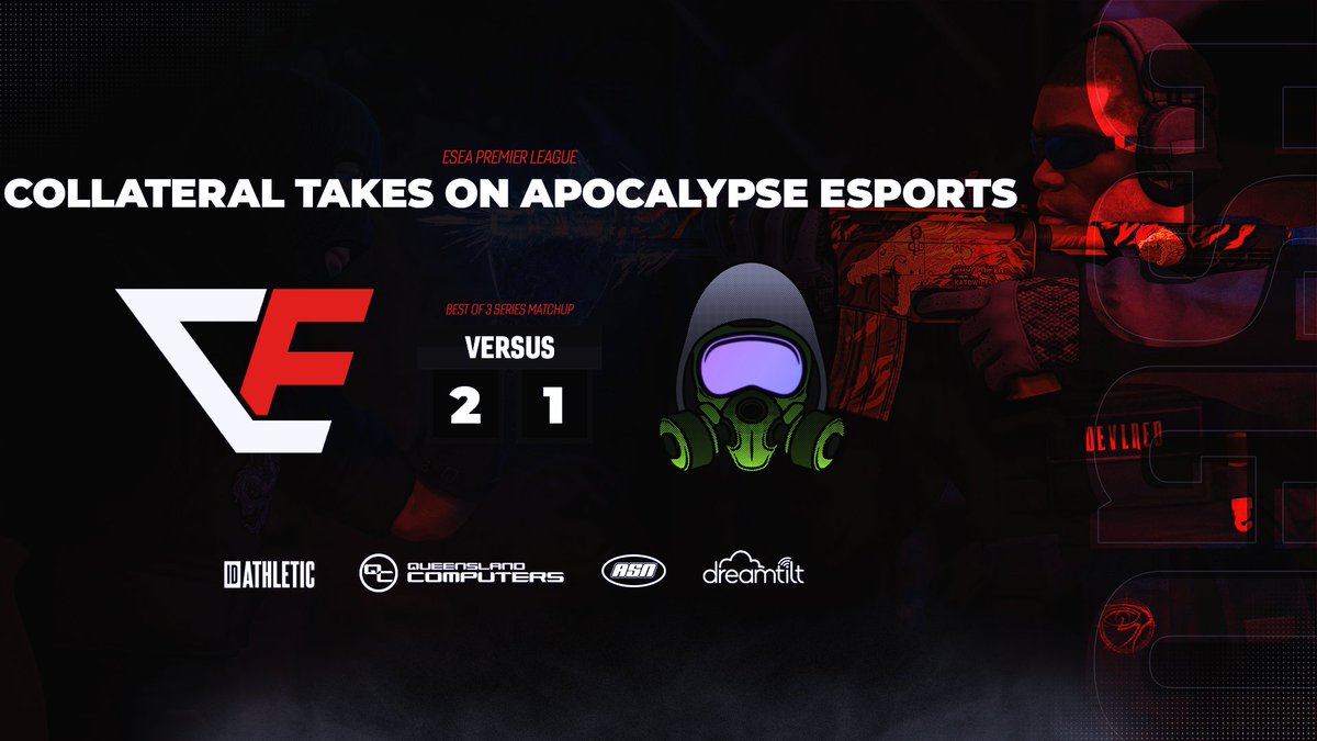 CollateralORG's tweet photo. [#CSGORESULT]

Last night we took on @ApocalypseESC in the @ESEA @ESLCS Premier League! We came out swinging with a 2-1 Win after a very tight series!

🗺️ Ancient / 16 - 13
🗺️ Mirage / 14 - 16
🗺️ Nuke / 16 - 12

Congratulations to our team and GG's to Apocalypse! 
Stay tuned 👀👀 https://t.co/e9Gm3W8C8t