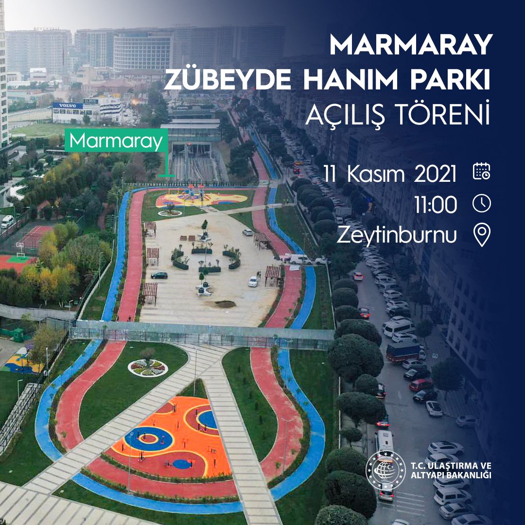 İstanbul, yeni bir sosyal alana daha kavuşuyor. 

<a href="/UABakanligi/">T.C. Ulaştırma ve Altyapı Bakanlığı</a> ve <a href="/zeytinburnubld/">Zeytinburnu Belediyesi</a> ortak çalışmasıyla İstanbullulara kazandırdığımız Marmaray Zübeyde Hanım Parkı’nı hizmete alıyoruz.

🗓 11 Kasım 2021
🕚 11.00
📍Zeytinburnu, İstanbul
