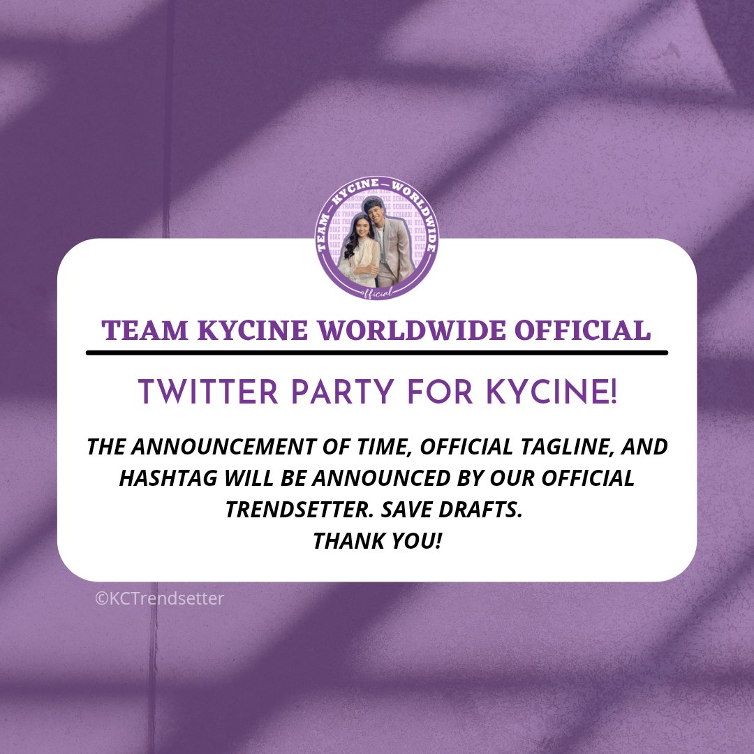 KCtrendsetter's tweet photo. Good afternoon fam! Twitter party for KyCine for Huwag Kang Mangamba episode tonight at 7:00 pm to 10:00 pm. Save drafts fam, see you later 💜

#KyCine | KyCine
@kyle_echarri @francinecarreld https://t.co/Z1WNVfQPOu