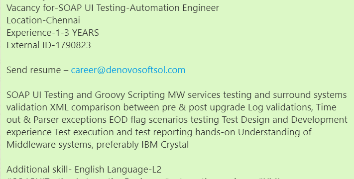 denovosoftsol's tweet photo. #denovojobs #denovo
Vacancy for-SOAP UI Testing-Automation Engineer
Location-Chennai
Experience-1-3 YEARS
External ID-1790823

Send resume – career@denovosoftsol.com
#SOAPUITestingAutomationEngineer #automationengineer #XML #Groovyscripting #IBMcrystal #UItesting https://t.co/71jiMg1vyv