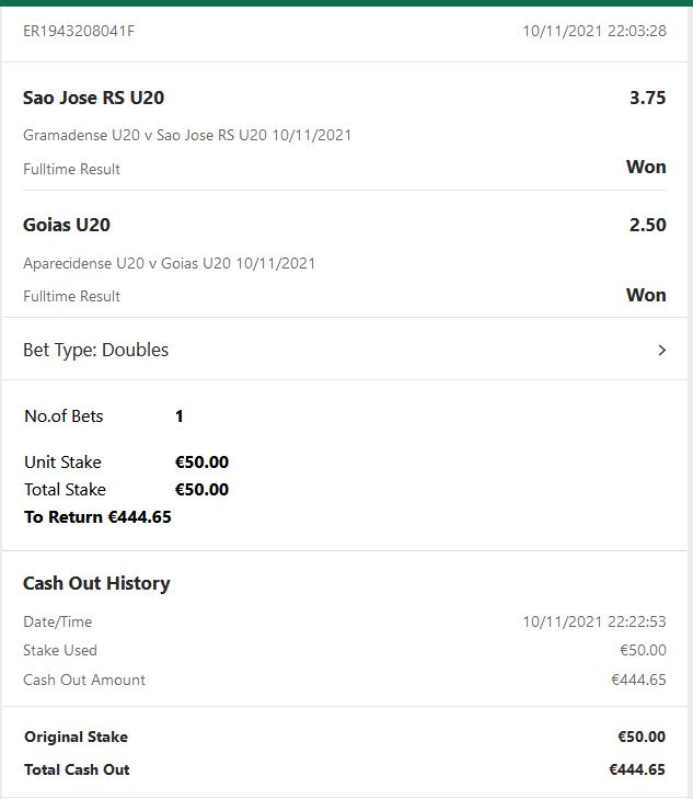 Bet2Bets's tweet photo. Bet2bets Football Betting Tips - 10/11/2021 2 Games 1 DOUBLE €50.00 Cashout €444.65 WIN https://t.co/f7c6dOwC8a   

#football #sports #soccer #sport #betting #bettingtips #bettingonline #bets #bettingexpert #bet2bets #investmenttips https://t.co/TEmDAvzH1u