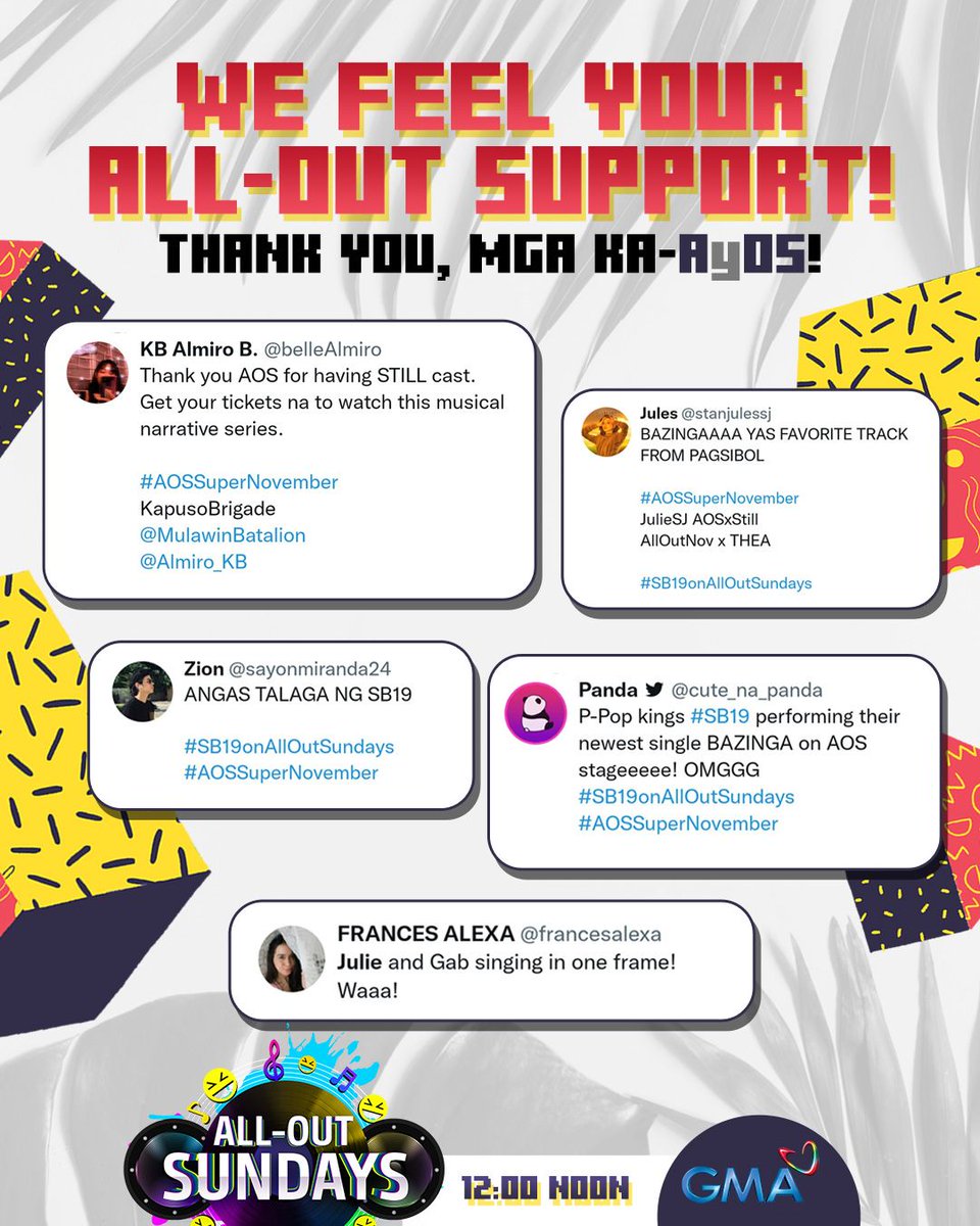 AllOutSundays7's tweet photo. Salamat sa ALL-OUT support ninyo sa #AllOutSundays, mga ka-AyOS! 💖

#AOSSuperNovember https://t.co/sDVqzS2zrZ