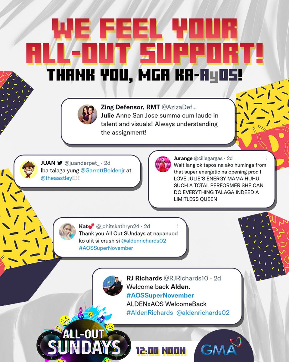 AllOutSundays7's tweet photo. Salamat sa ALL-OUT support ninyo sa #AllOutSundays, mga ka-AyOS! 💖

#AOSSuperNovember https://t.co/sDVqzS2zrZ