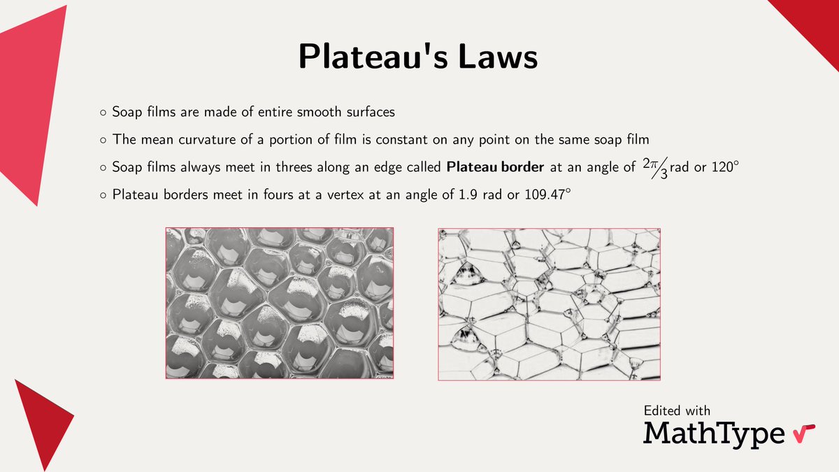 MathType's tweet image. The mathematical problem of finding the minimal surface given a boundary in #DifferentialGeometry is called Plateau&apos;s Problem, in honor of Joseph Antoine Ferdinand Plateau who studied the #Physics of soap bubbles, that form minimal surfaces. #MathType