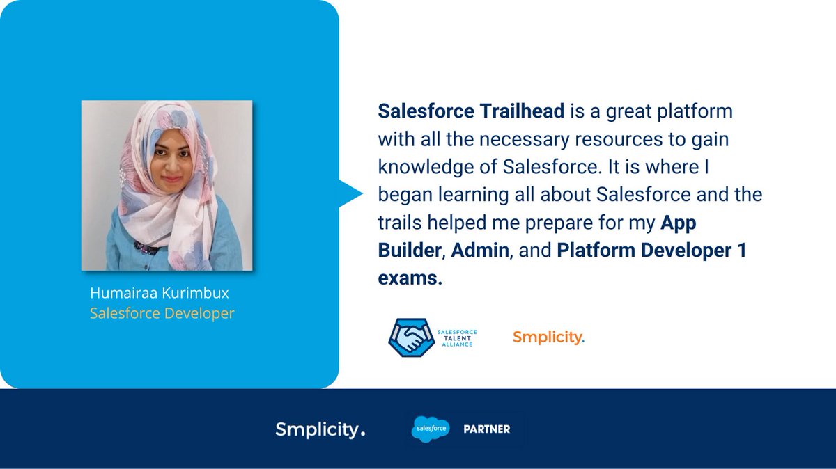 SmplicityCo's tweet photo. Looking to kick start your career within Salesforce? Don't know where to start? Humairaa shares her top recommendations when taking those first steps via various routes!
Find out more here: https://t.co/N60nOrFreI
#salesforcetalent #trailblazer #smplicity https://t.co/7rC88UwuSq