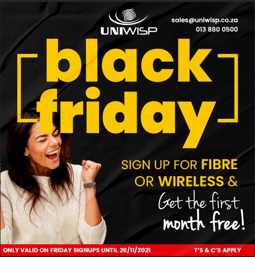 UNIWISPSA's tweet photo. BLACK FRIDAY(S) SALE! 🤩
Sign up for UNIWISP Fibre or Wireless on any FRIDAY this month and receive the FIRST MONTH FREE, MAHALA, NADA! 🥳
How can you say no to this AMAZING deal?
Contact sales@uniwisp.co.za / 013 880 0500 or Elize Roestoff on 071 561 6816 for more information . https://t.co/XpDLJdc7qy