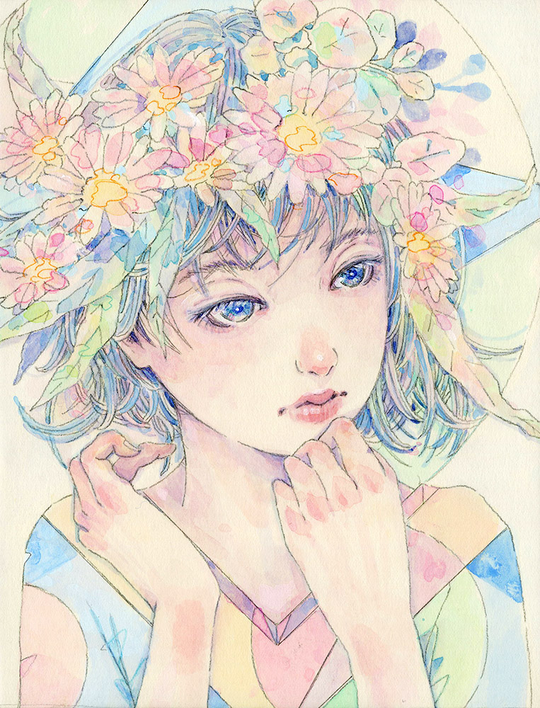 1girl solo flower short hair blue eyes traditional media hands up  illustration images