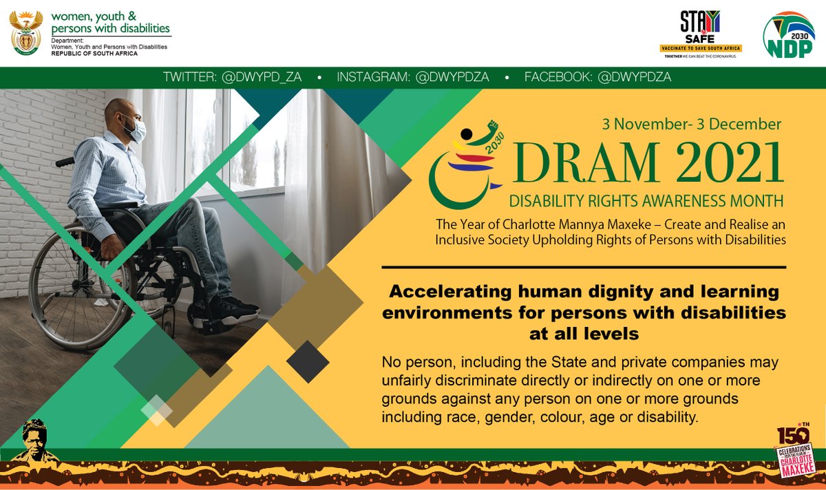 DWYPD_ZA's tweet photo. This week, #DRAM2021 unpacks the Sub-Theme: Accelerating human dignity and learning environments for persons with disabilities at all levels.
Join us as we showcase the abilities and talents of persons with disabilities as productive members of society.
#DisabilityInclusionSA https://t.co/XkDXs1SSQz