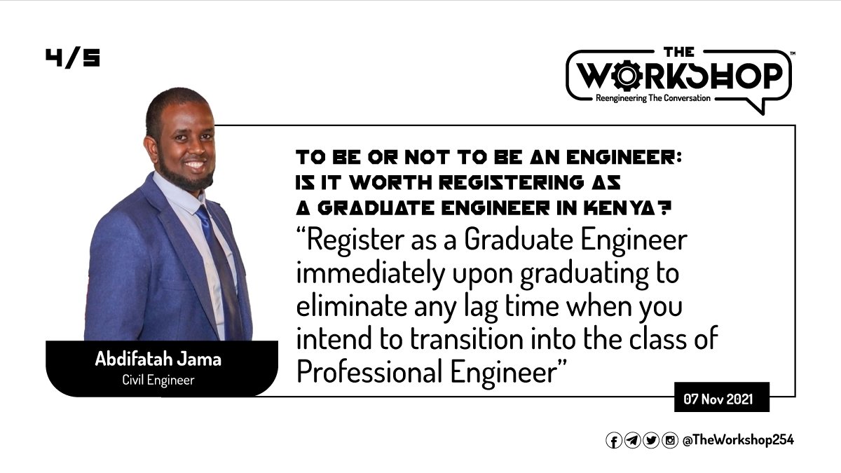 TheWorkshop254's tweet photo. 4/5
@fatahabdi25: Register as a #GEngKE immediately upon graduating to eliminate any lag time when you intend to transition into the class of #PEngKE
#TheWorkshop254
#28thIEKConference https://t.co/1OiB1tAXmv