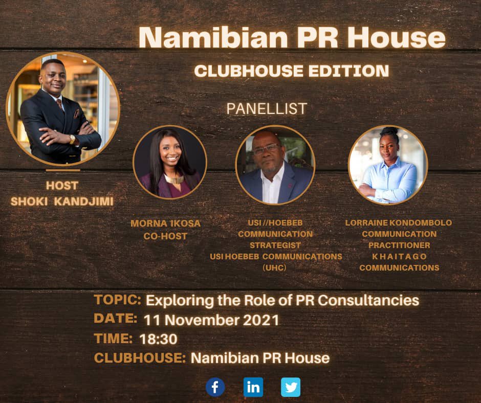 SKandjimi's tweet photo. Our discussion for this week on the Namibian PR House will be centred around the role of PR consultancies in Namibia. Morna and myself will be joined by Lorraine Kondombolo and Usi //Hoebeb. 

Join us tonight at 18:30 at the following link https://t.co/iE5EIO5a2p https://t.co/Wx7Q0DkCth