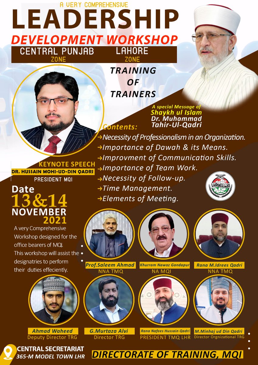 tmq_lhr's tweet photo. A Comprehensive Leadeship Development Workshop 
By Central Punjab &amp; Lahore Zone Directorate of Training MQI
"Training of Trainers"
A very comprehensive workshop designed for office bearers of MQI. This workshop will assist the designatries to perform their duties efficiently.
1/2 https://t.co/riUesIbZnj