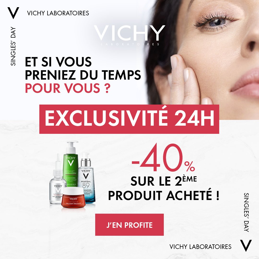 Ne vous laissez pas prendre par le temps et découvrez les soins des Laboratoires Vichy en profitant de l’offre exclusive du jour : -40% à partir du 2e produit acheté ! Qui a dit qu’être “single” n’était pas avantageux 😉 #SingleDay

👉 Rendez-vous sur vichy.fr