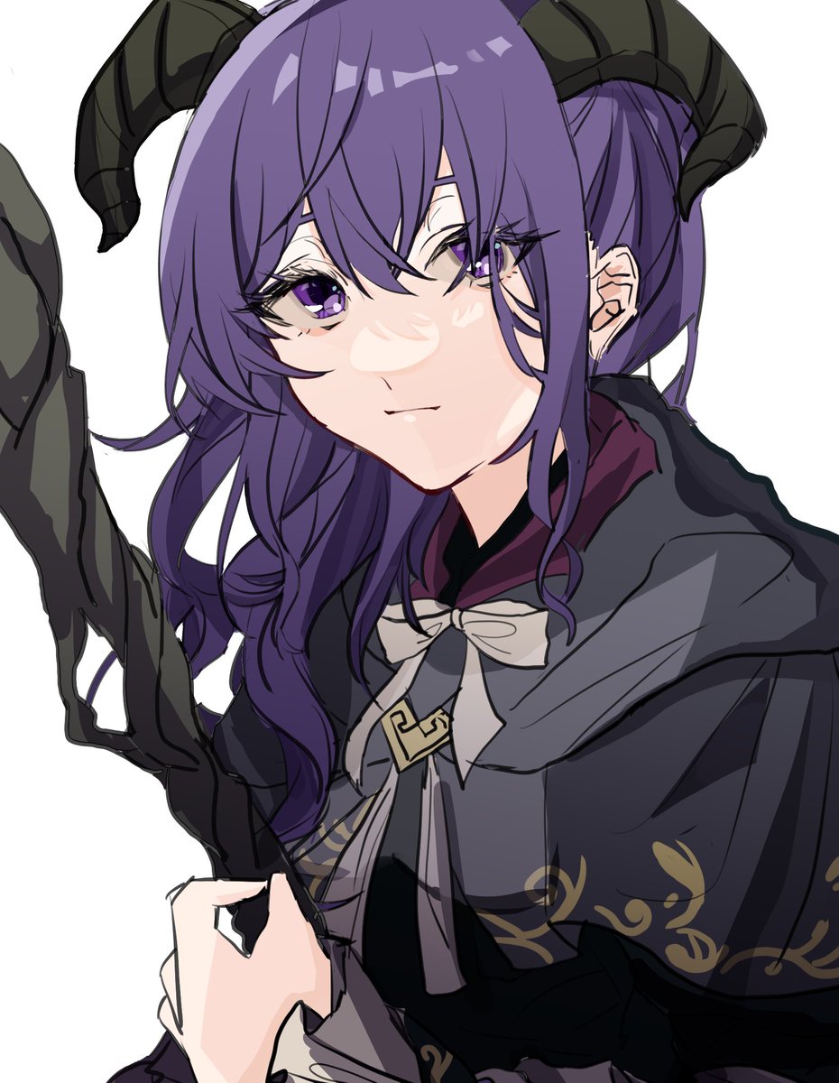 1girl horns purple hair solo staff purple eyes white background  illustration images