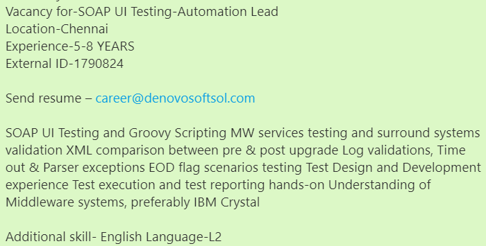 denovosoftsol's tweet photo. #denovojobs #denovo
Vacancy for-SOAP UI Testing-Automation Lead
Location-Chennai
Experience-5-8 YEARS
External ID-1790824

Send resume – career@denovosoftsol.com

#SOAPUITestingAutomationEngineer #automationengineer #XML #Groovyscripting #IBMcrystal #UItesting https://t.co/L8De1WJ8ux