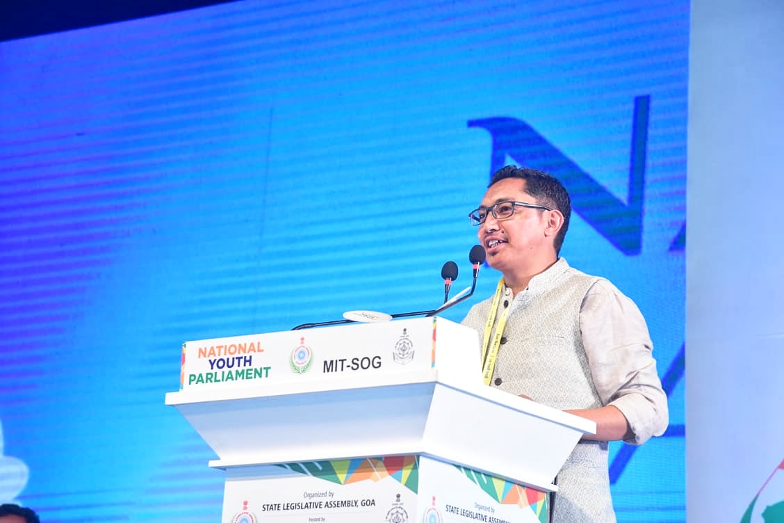 TourismGoa's tweet photo. Shri. Jamyang Tsering Namgyal, Member of Parliament Lok Sabha, Ladakh expresses his thoughts on Political Leadership - What Young India Wants at the #NationalYouthParliament, organised by #GoaLegislativeAssembly and supported by the #MITSO https://t.co/hs3ao96sKD