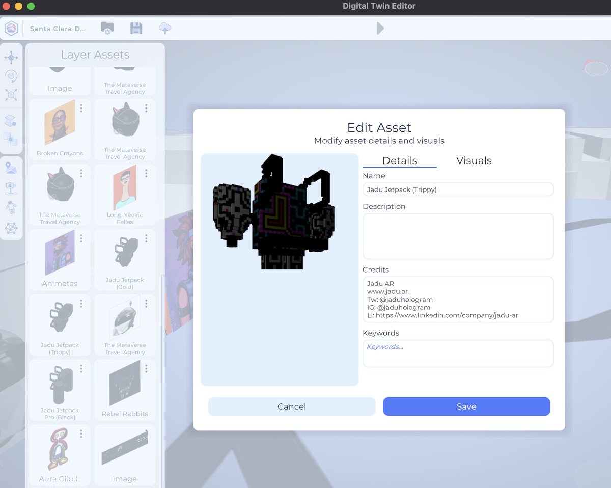 SharedSpacesApp's tweet photo. With our latest release, we've added the ability to tag each asset uploaded to @theDTEditor - allowing for license attribution, token info, or other critical information embedded within. This is an important part of an open, sustaining metaverse. https://t.co/EuNMEatQCY