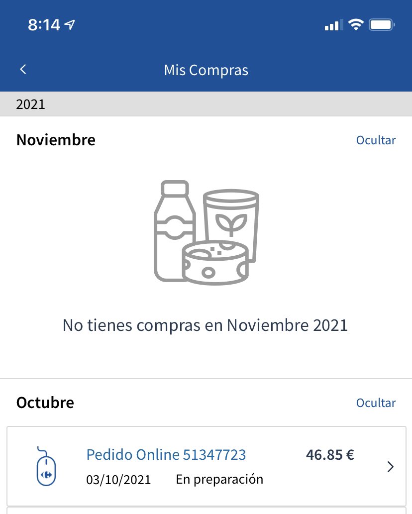 Martafgar's tweet photo. @CRFresponde y @CarrefourES , como no me va a poner en mi App que en noviembre no tengo compras?Normal si llevo con un pedido desde octubre “en preparación” y no sois capaces de enviármelo y/o devolverme el dinero. Ojo, para la campaña de Navidad, igual les llega en marzo 😔 https://t.co/D0ipIFlNgH