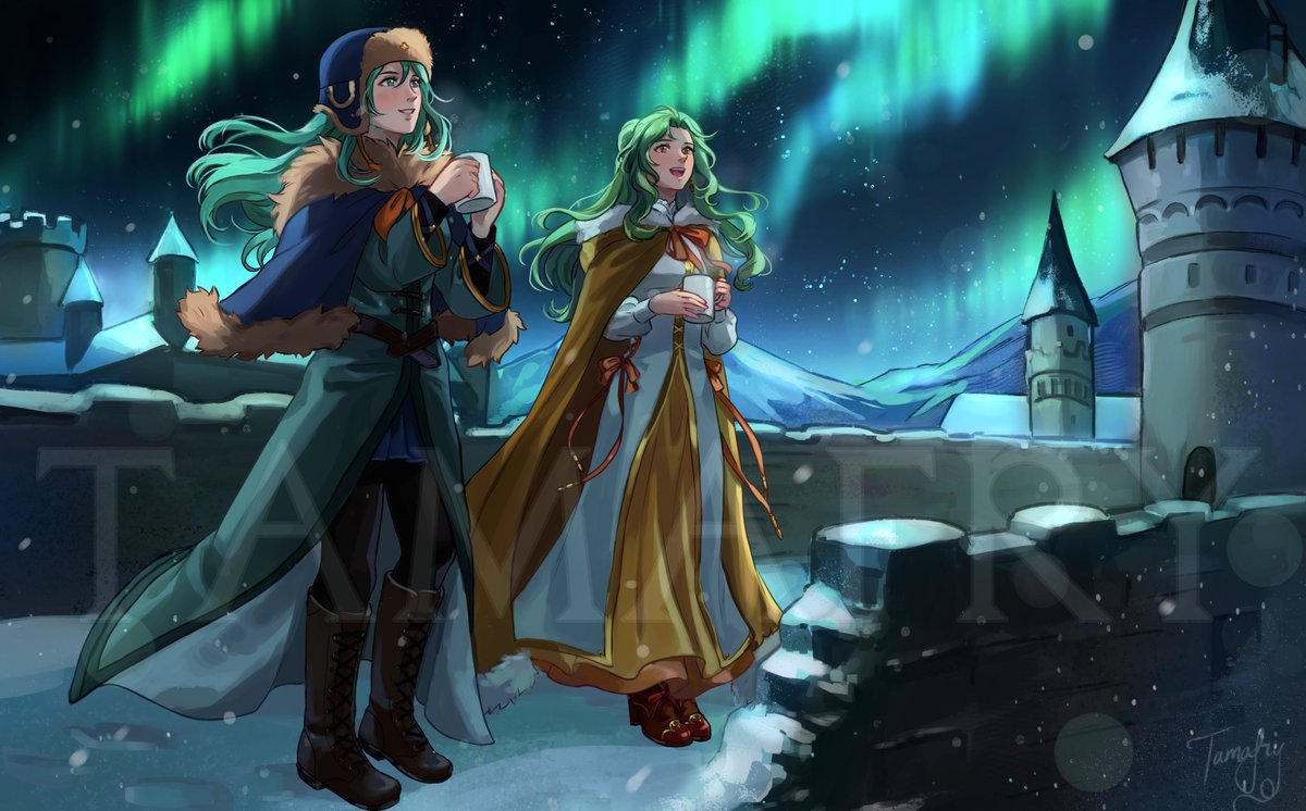 Nephenee and Elincia in winter clothing!
They have hot drinks and are enjoying the snow and Aurora Borealis.