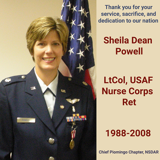 ChfPiomingoDAR's tweet photo. We honor &amp; thank @ChfPiomingoDAR member Sheila Dean Powell for her service, sacrifice, &amp; dedication to our nation: LtCol, USAF, Nurse Corps, Ret, 1988-2008 @usairforce #veteransday #usafnurse #womenveterans #todaysdar https://t.co/40KMu9LYGW