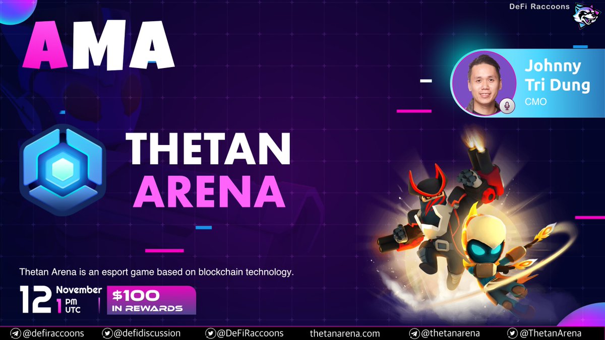 thetan_world's tweet photo. AMA #ThetanArena x #DeFiRaccoons
Time: Nov 12th, 1 PM UTC
Venue: https://t.co/qIUzDG6Vca
Rewards: $100
2 Live AMA and 2 Twitter questions will win $25 each 
❗ Rules:
1️⃣Like &amp; Retweet: https://t.co/Mdm4OduFSk
2️⃣Reply your questions⬆️
3️⃣Join https://t.co/qIUzDG6Vca https://t.co/rgFRvKEOuH