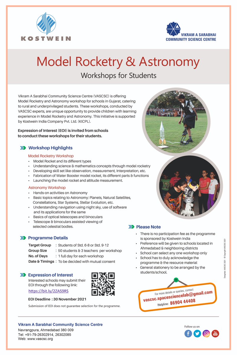 WORKSHOPS FOR SCHOOLS IN #GUJARAT CATERING TO UNDERPRIVILEGED CHILDREN
Supported by Kostwein India (KICPL), VASCSC  is offering Astronomy &amp; Model Rocketry workshops free of cost. Submit expression of interest on bit.ly/2ZAS9RS. 
#modelrocketry #astronomy #scienceisfun