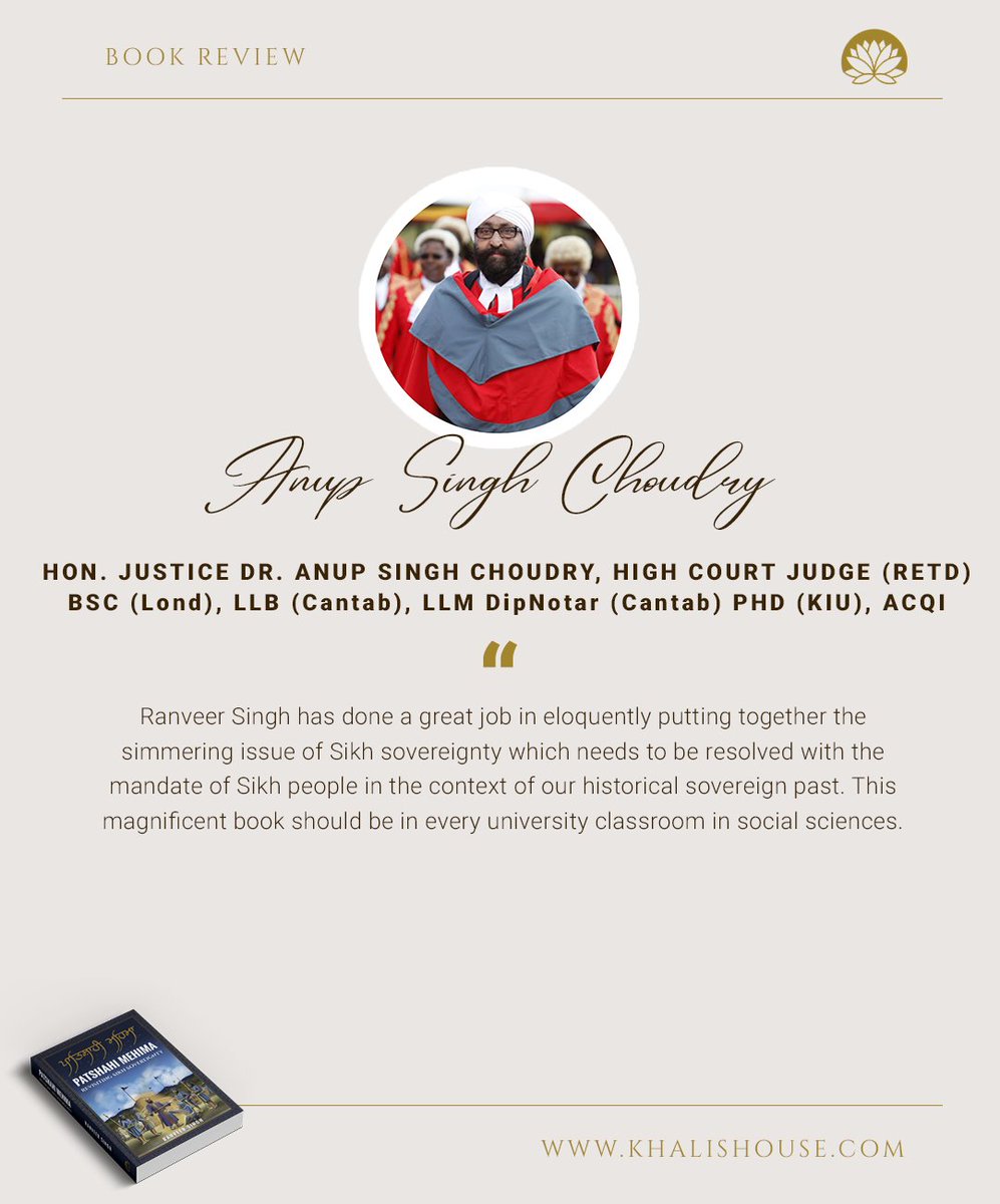 BOOK REVIEW!

"This magnificent book should be in every university classroom in social sciences". 

Author and High Court Judge (Retd) Hon. Justice Dr. Anup Singh Choudry provides a glowing review. 

PRE ORDER today via khalishouse.com/store/Patshahi…

#KhalisHouse #PatshahiMehima