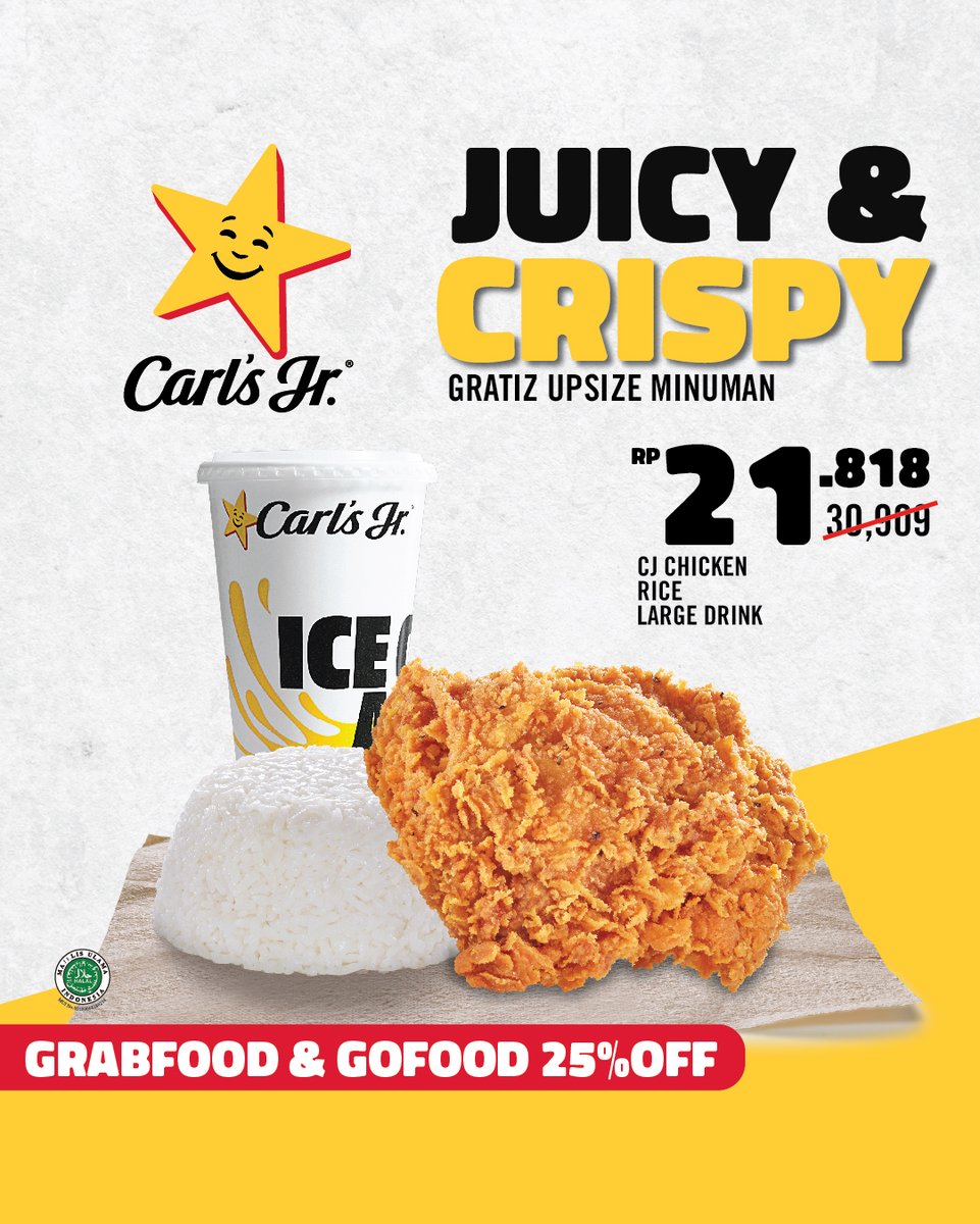 CarlsJrID's tweet photo. DI RUMAH AJA, SANTAI BARENG CJ!
Pesan antar lewat Grabfood atau Gofood dan dapatkan diskon 25% untuk beberapa pilihan menu mulai dari Juicy Burger dengan 100% Australian Beef sampai Crunchy dan Juicy nya CJ Chicken.
Yuk, pesan sekarang. #CarlsJrID #CarlsJr #Chargrilledburger https://t.co/1QJHzhaH0M