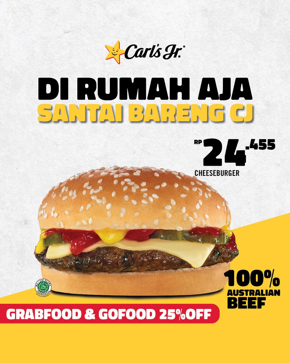 CarlsJrID's tweet photo. DI RUMAH AJA, SANTAI BARENG CJ!
Pesan antar lewat Grabfood atau Gofood dan dapatkan diskon 25% untuk beberapa pilihan menu mulai dari Juicy Burger dengan 100% Australian Beef sampai Crunchy dan Juicy nya CJ Chicken.
Yuk, pesan sekarang. #CarlsJrID #CarlsJr #Chargrilledburger https://t.co/1QJHzhaH0M