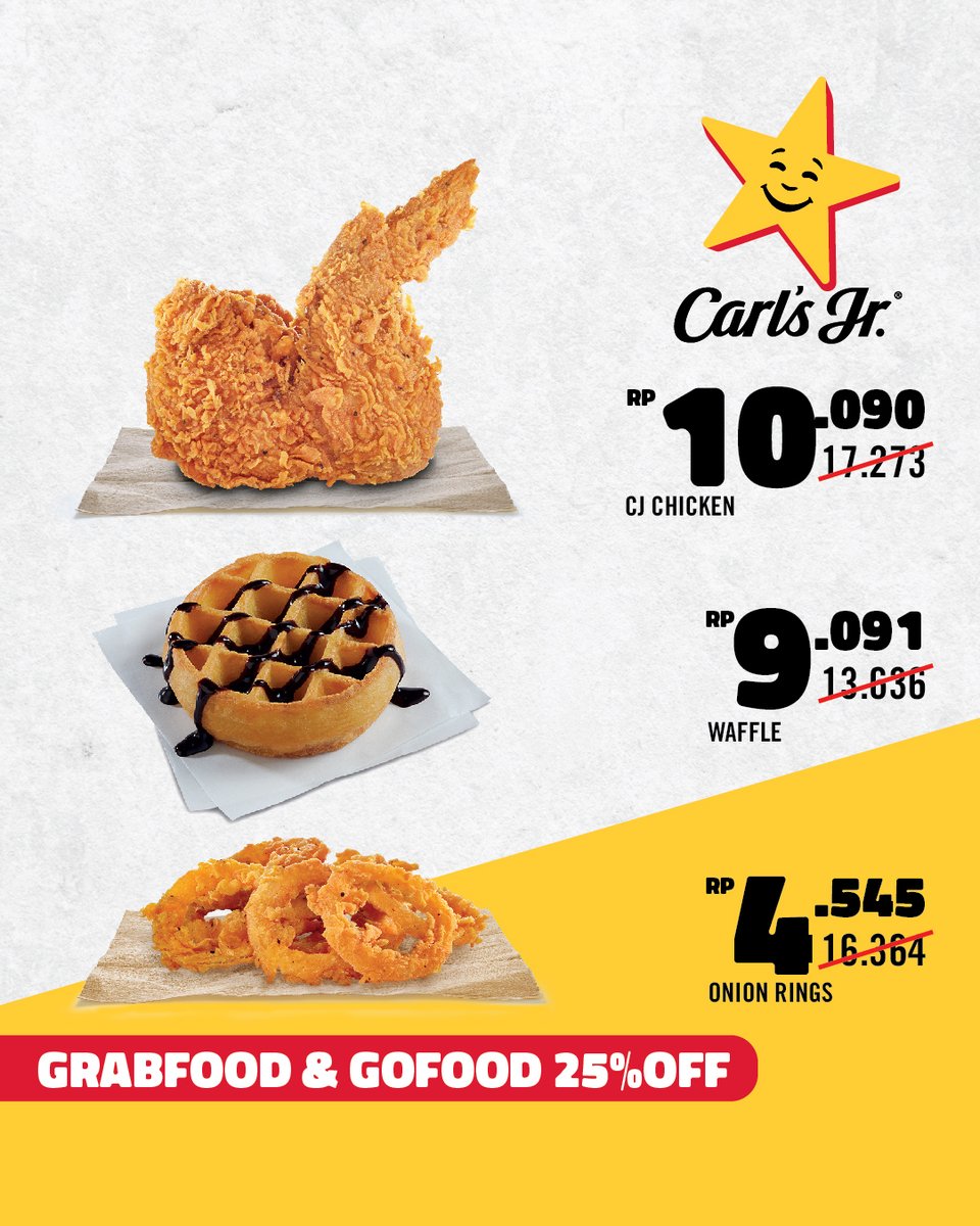 CarlsJrID's tweet photo. DI RUMAH AJA, SANTAI BARENG CJ!
Pesan antar lewat Grabfood atau Gofood dan dapatkan diskon 25% untuk beberapa pilihan menu mulai dari Juicy Burger dengan 100% Australian Beef sampai Crunchy dan Juicy nya CJ Chicken.
Yuk, pesan sekarang. #CarlsJrID #CarlsJr #Chargrilledburger https://t.co/1QJHzhaH0M