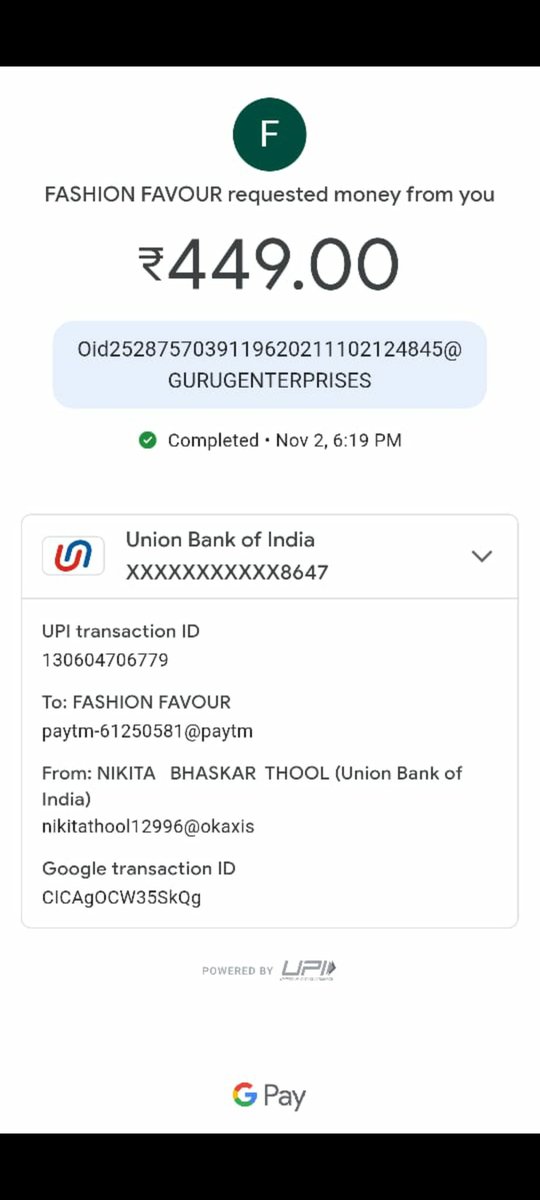 I had ordered a top from fashion favour and done payment through Gpay , today is Nov 11 there is no communication from them. I tried to reach them through email and number that I found, still no response. Please look into it .@fashion_favour