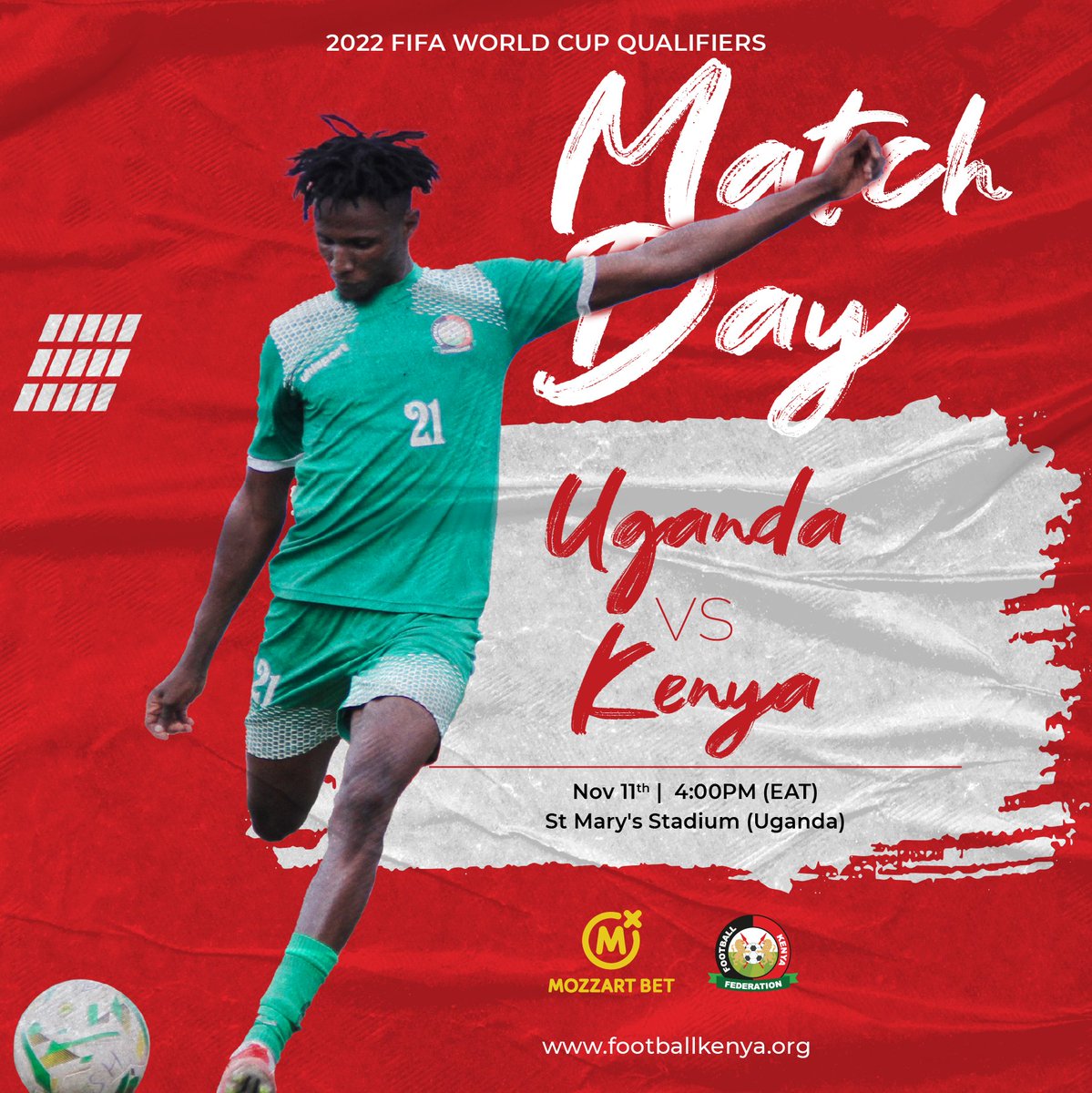 Match Day!!!

🏆 FIFA World Cup Qualifiers
🆚 Uganda
📅 Thursday, November 11, 2021
🏟️ St.Mary's stadium 
⌚ 4 pm EAT
📺 FIFA TV

#Tunaweza
