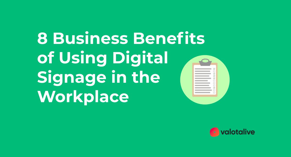 Valotalive's tweet photo. There are countless digital signage business benefits worth considering.  this blog post, we’re going to cover the 8 Digital Signage Business Benefits. https://t.co/LqhIFEWXM1 #valotalive #digitalsignage #workplacedigitalsignage #digitalsignagesoftware https://t.co/SBGic2PzA0