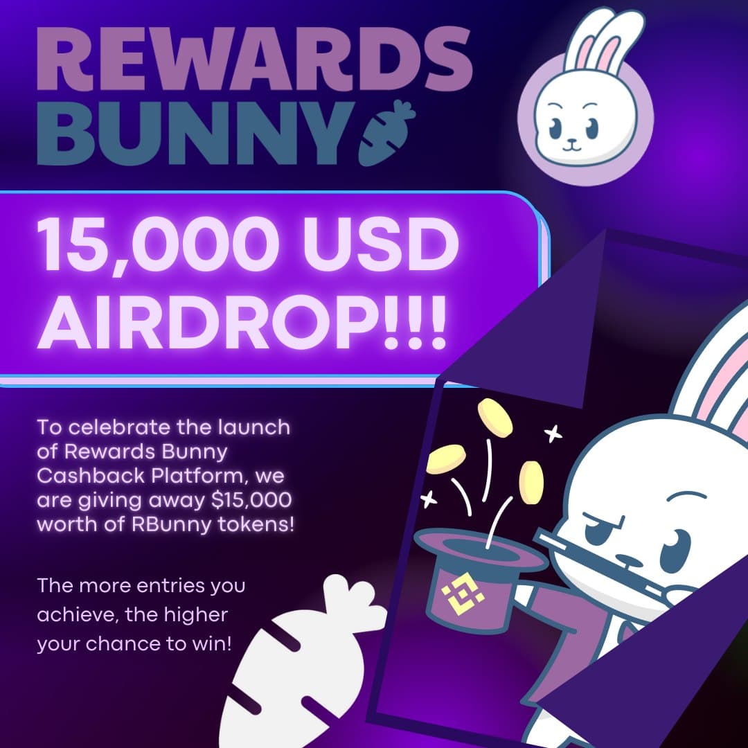 $15,000USD AIRDROP??? 🚀💰💎

To celebrate the launch of Rewards Bunny Cashback Platform, we are giving away $15,000 worth of RBunny tokens! 🐰🥕💎

The more entries you have, the higher your chance to win! 🏆🌟

👉🏻 rewardsbunny.com/airdrop

#Airdrop #BTC #BNB #BSC #NFT #Binance
