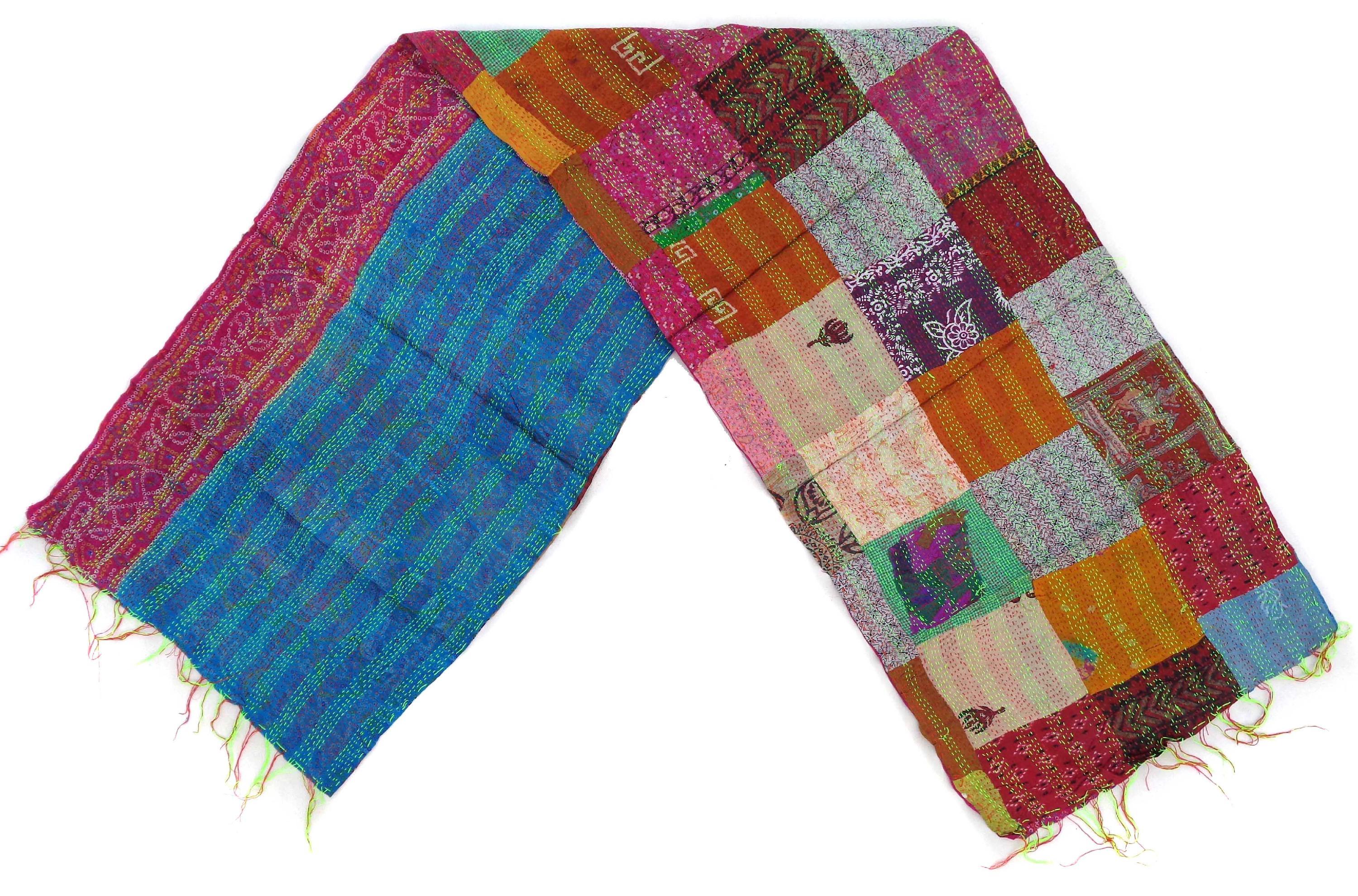 Silk Kantha Scarf Neck Wrap Stole Dupatta Hand Quilted Women Shawl Stitched KP81