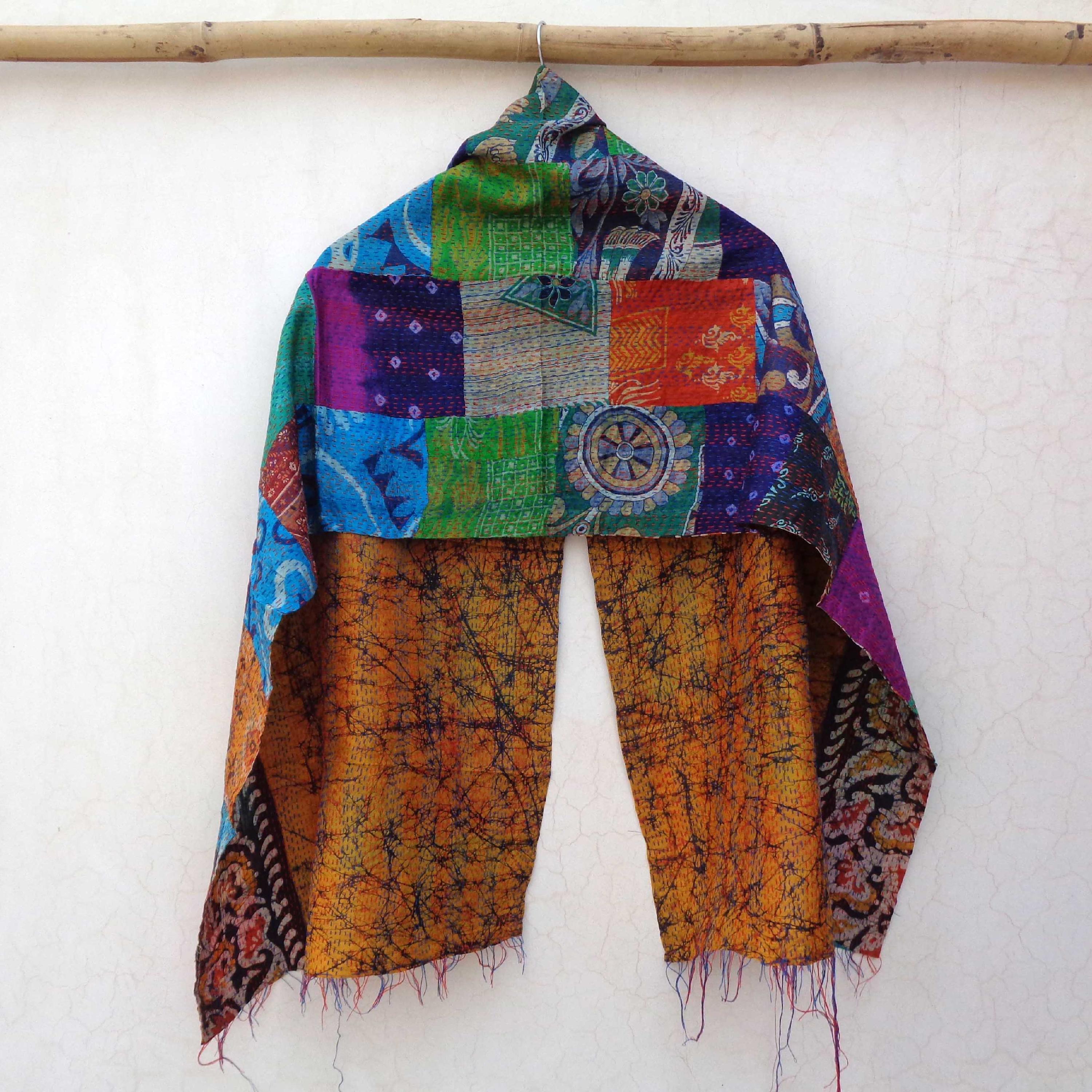 Silk Kantha Scarf patchwork Neck Wrap Stole Dupatta Hand Quilted Women Gypsy KP82