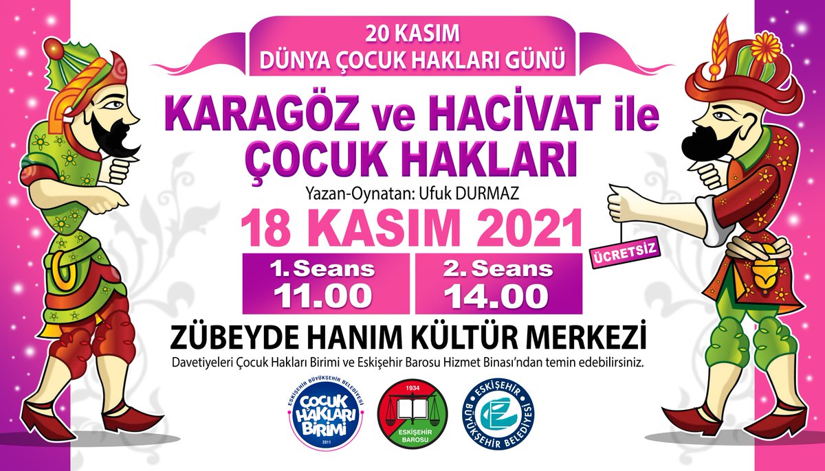 ebbetkinlik's tweet photo. Sevgili çocuklar, 20 Kasım Dünya Çocuk Hakları Günü'nde Karagöz ve Hacivat ile haklarımızı öğreniyoruz. 

Zübeyde Hanım Kültür Merkezi'nde gerçekleştirecek etkinlik için ücretsiz davetiyelerinizi Çocuk Hakları Birimimiz ve Eskişehir Barosu'ndan edinebilirsiniz. https://t.co/kKJ3bLEKmL
