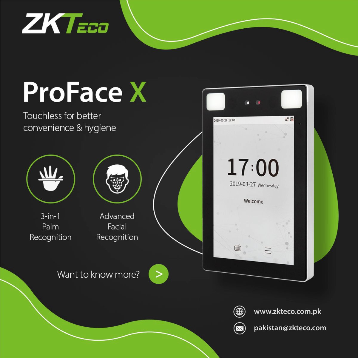 ZKTeco_Pakistan's tweet image. Go touchless with ZKTeco&apos;s ProFace X series with advanced facial and 3-in-1 palm recognition and can also be installed in your Access Control barriers.

Learn More: zkteco.com.pk/search?keyword…

#ZKTeco #touchlessbiometrics #facialrecognition #palmrecognition #accesscontrolsystem