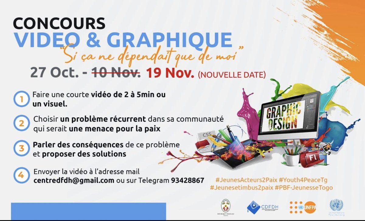CdfdhT's tweet photo. La bonne nouvelle😇
Vos vidéos et contenus graphiques sont toujours attendues. Vous pouvez les soumettre jusqu'au 19 novembre 2021.
@UNFPA_TOGO
@United Nations Peacebuilding
#JeunesActeurs2Paix
#Youth4PeaceTg #Jeunesetimbus2paix #PBF-JeunesseTogo #ConnecTogo https://t.co/oO4clbT6PJ