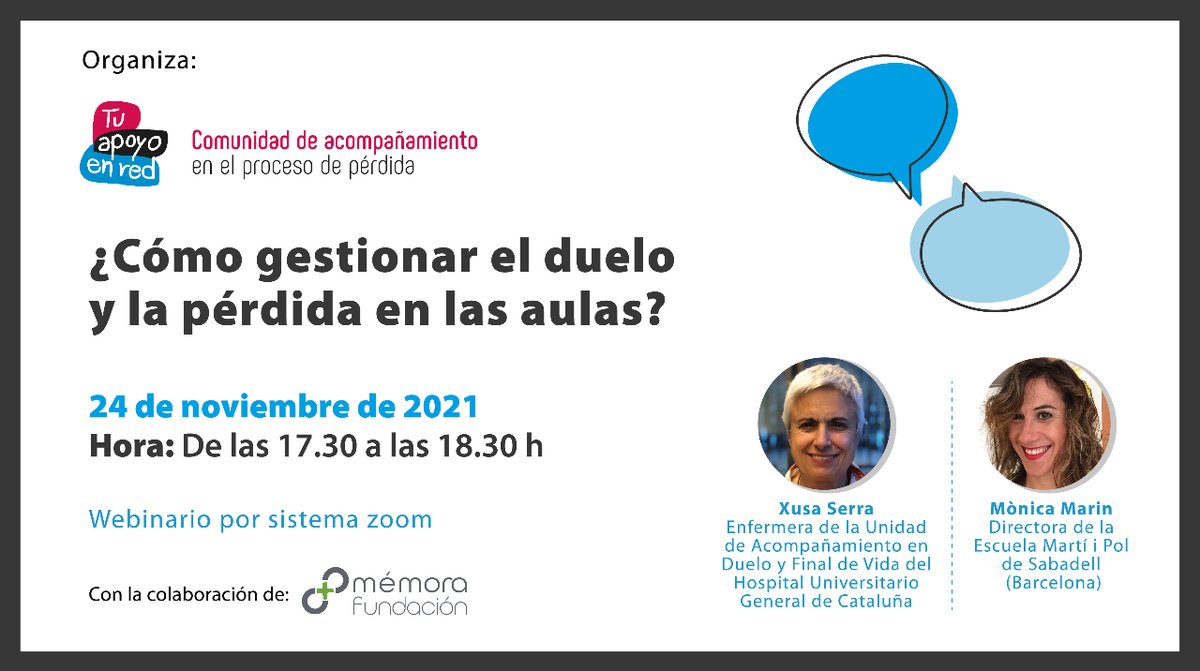 📍 Abiertas inscripciones! ¿Cómo gestionar la pérdida en las aulas? 

🕔 24 noviembre a las 17.30 horas. 

👥 Diálogo #tuapoyoenred con enfermera Xusa Serra, experta en duelo infantil y Monica Marin, directora centro educativo. Modera 
<a href="/JosepParis/">Josep París Giménez</a>
 
✅ mtr.cool/bpswopgfjf