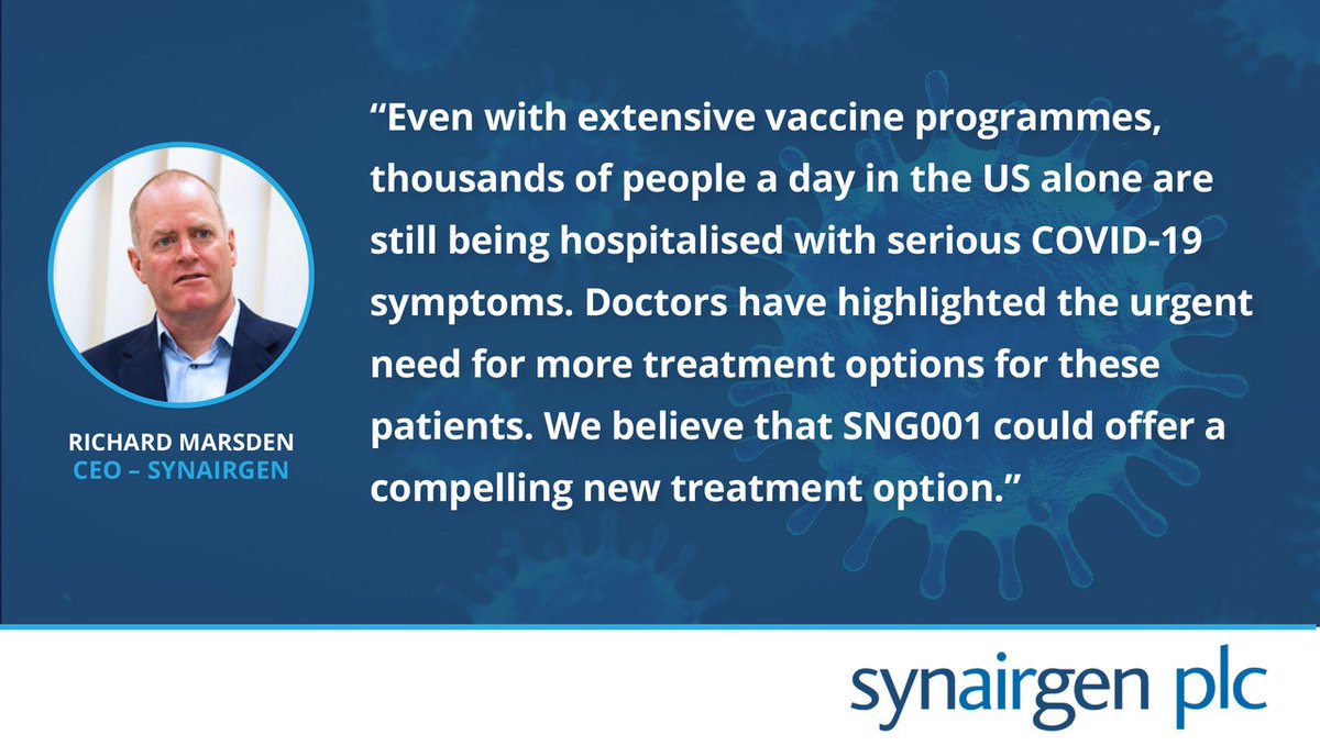 Synairgenplc's tweet photo. We are pleased to announce completion of patient recruitment in our global Phase 3 SPRINTER trial for #SNG001. With the randomisation of our 610th patient, we are one step closer to understanding the potential of SNG001 in the global #COVID battle.  

https://t.co/15wrSFipLb https://t.co/WNc68NsCuD